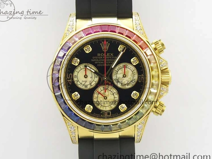 MiroTime 0124 Daytona 116589RBOW YG Rainbow Crystal BLF Best Edition Black Dial on Rubber Strap A EasyMatch 3238